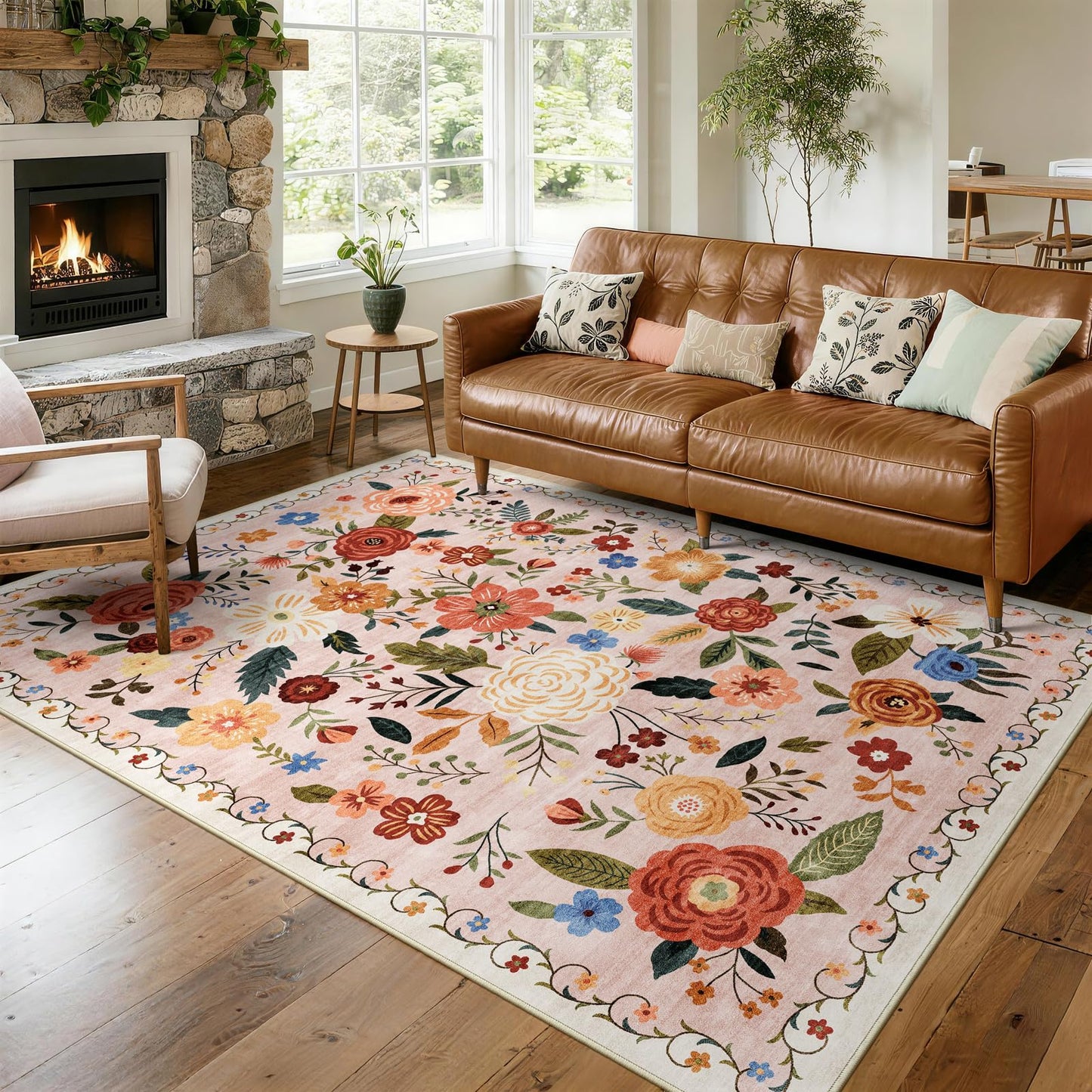 5x7 Washable Area Rug Green Boho Floral for Living Room Bedroom Nursery | Carpet for Dining Room, Soft Low-Pile Non-Slip Faux Wool, Farmhouse Indoor, Kid & Pet Friendly, Stain, Fade & Wear Resistant