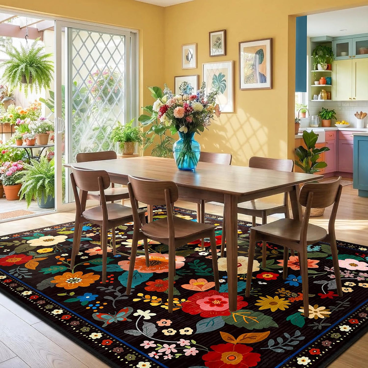 RELEANY Floral Washable 5x7 Area Rugs Black | Flower Carpet, Print, Boho, Non-Slip, Easy to Clean, Soft, Low Pile for Living Room Bedroom Kitchen Office Entryway Hallway