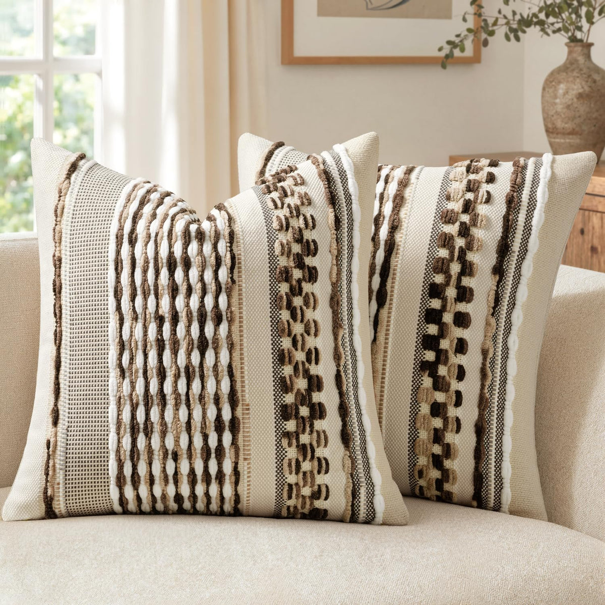 ANRODUO Boho Decorative Pillow Covers Olive Green Stripe 18x18 Pack of 2 | Throw Pillow Covers, Farmhouse Cushion Case, Chenille Pillow Cases, Pillow Covers, Accent Neutral Pillowcase for Couch Bed