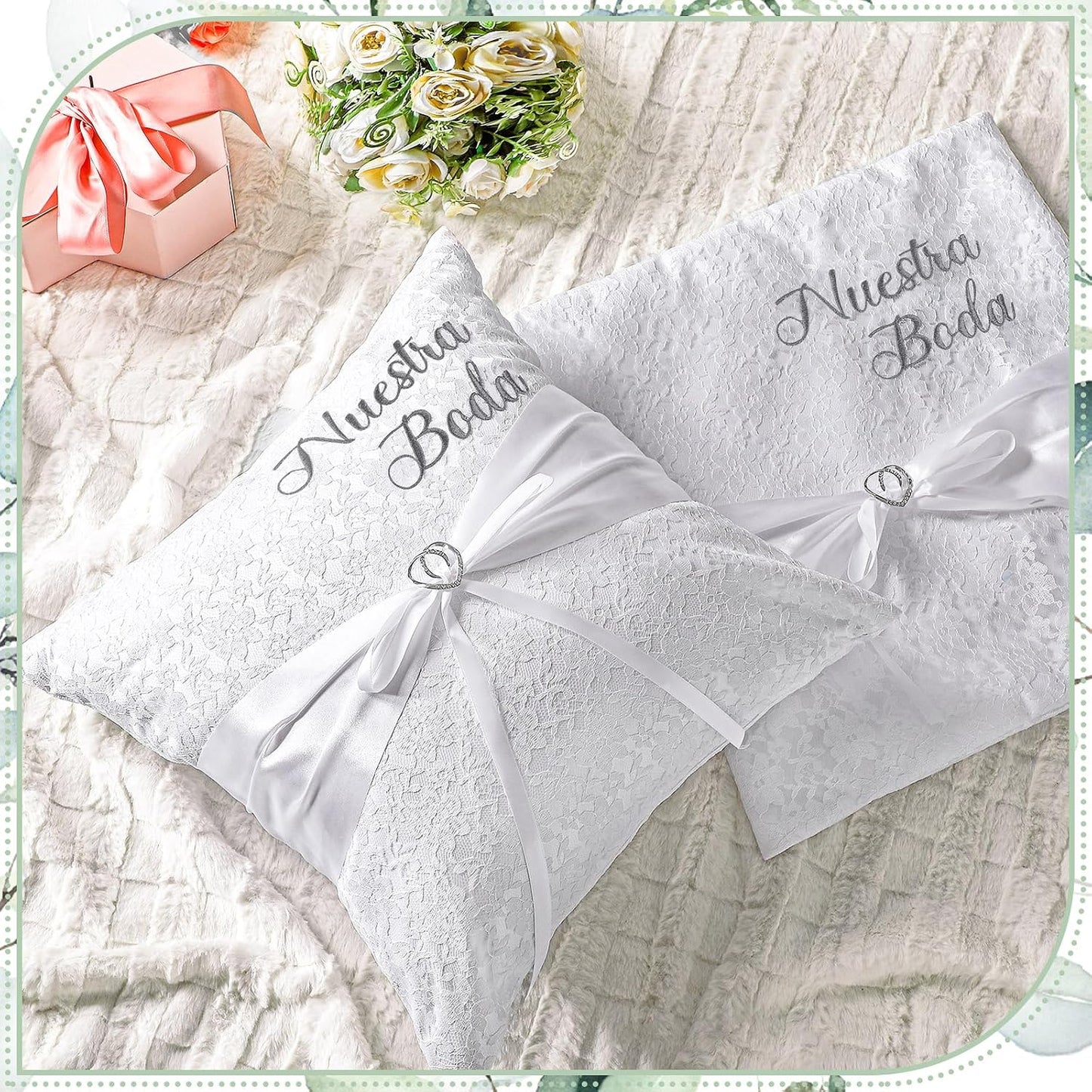 Mixweer 2pcs Wedding Embroidered Kneeling Pillows Nuestra Boda 18 x 18 Inch Embroidered Prayer Pillow Satin and Lace Kneeling White/Silver, Cojines para Boda, Decoracion (18",Without Pillow)