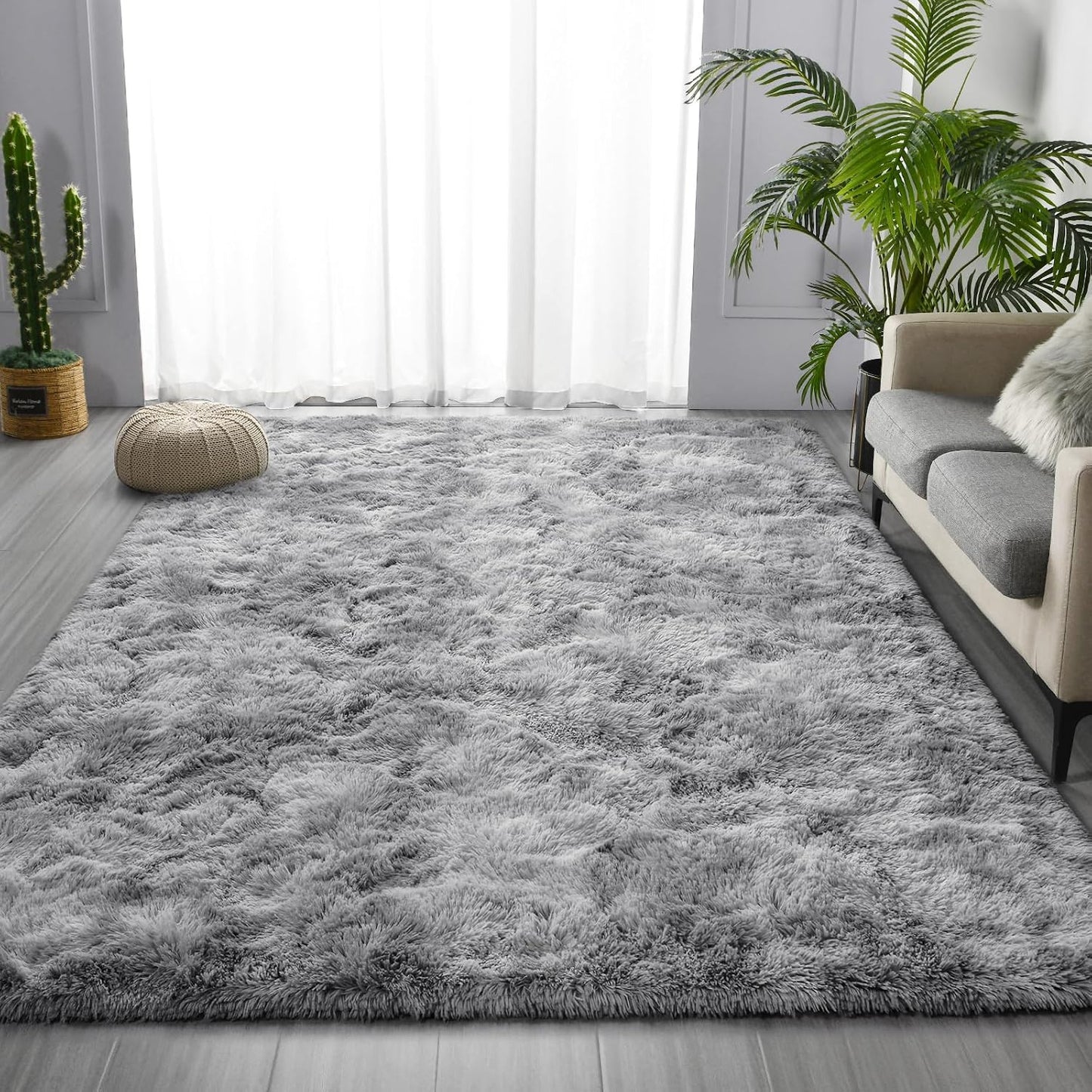 Deerhoo Large Shag Area Rugs 6 x 9, Light Grey | Tie-Dyed, Ultra Soft Plush Fuzzy,Washable, For Living Room, Bedroom, Indoor Carpet Nursery Kids Teen Home Decor