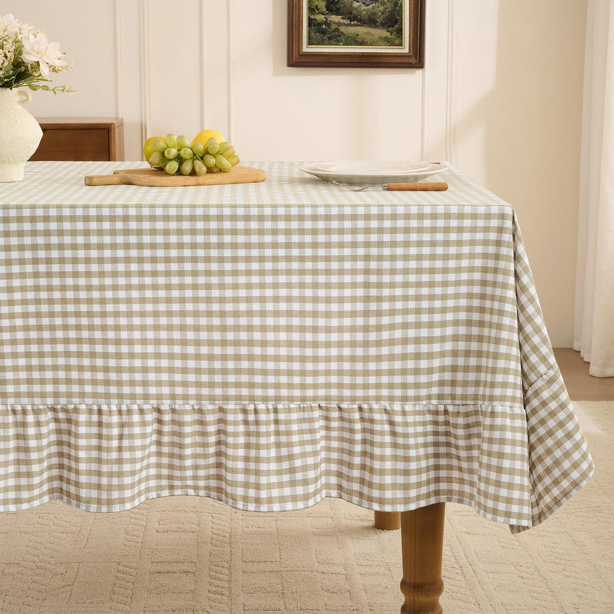 Romanstile Gingham Ruffled Tablecloth Rectangle, 60 x 84 Inch, Sage Green | Waterproof Checkered Table Cloth, Polyester-cotton, Farmhouse Plaid Table Cover for Outdoor, Picnic, Camping, Party