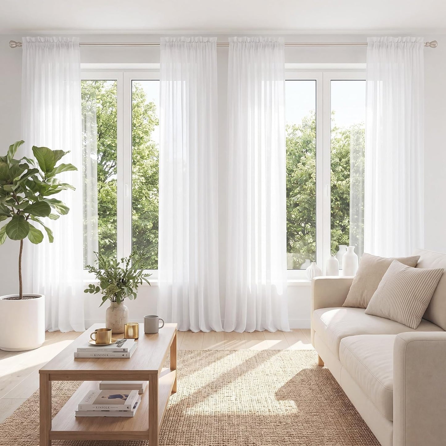 PONY DANCE 4 Panels White Sheer Curtains 96 Inches Long, W 42" x L 96" | Rod Pocket Light Filtering Voile Window Drapes for Living Room & Bedroom, Airy Soft Breathable Fabric Window Treatments