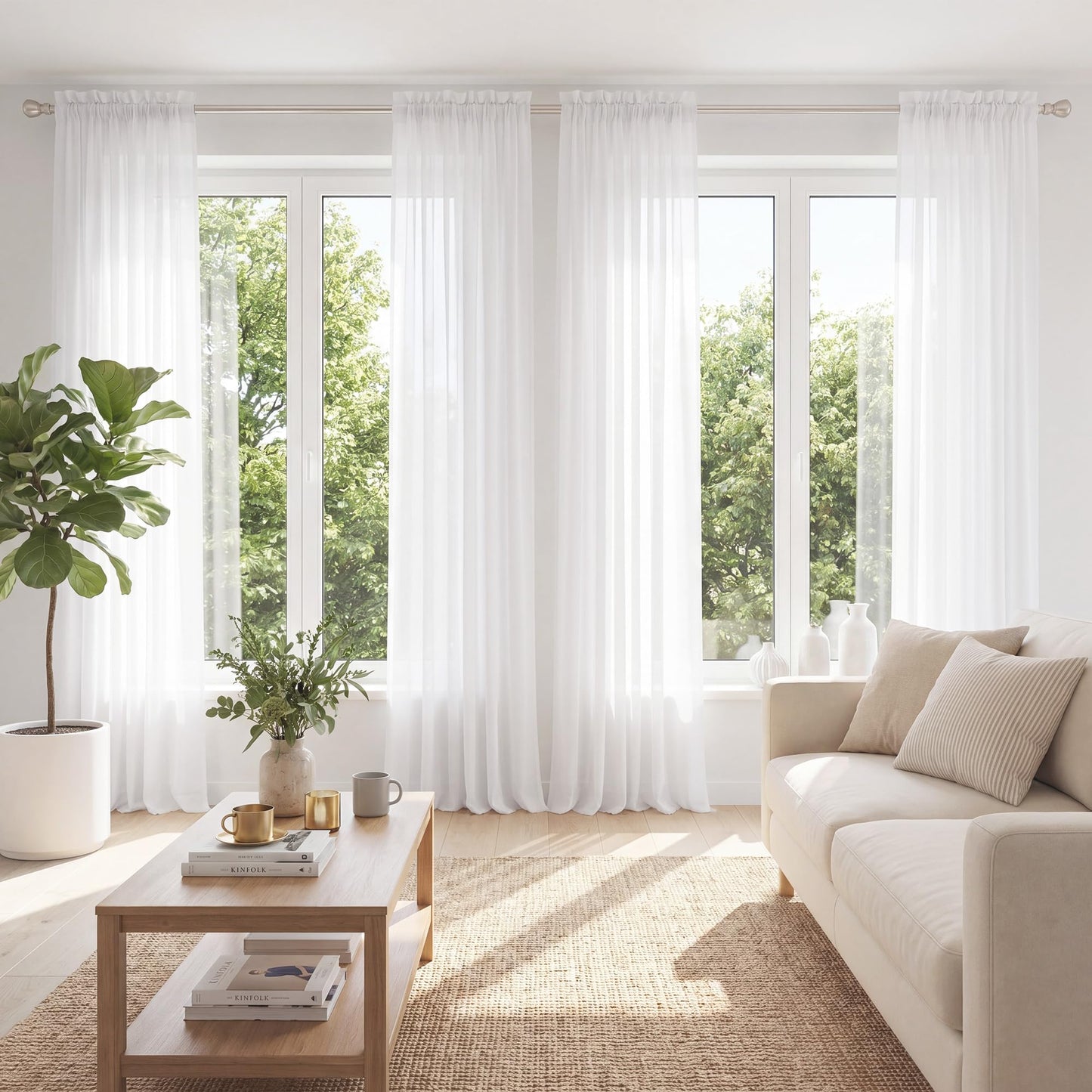 PONY DANCE 4 Panels White Sheer Curtains 96 Inches Long, W 42" x L 96" | Rod Pocket Light Filtering Voile Window Drapes for Living Room & Bedroom, Airy Soft Breathable Fabric Window Treatments
