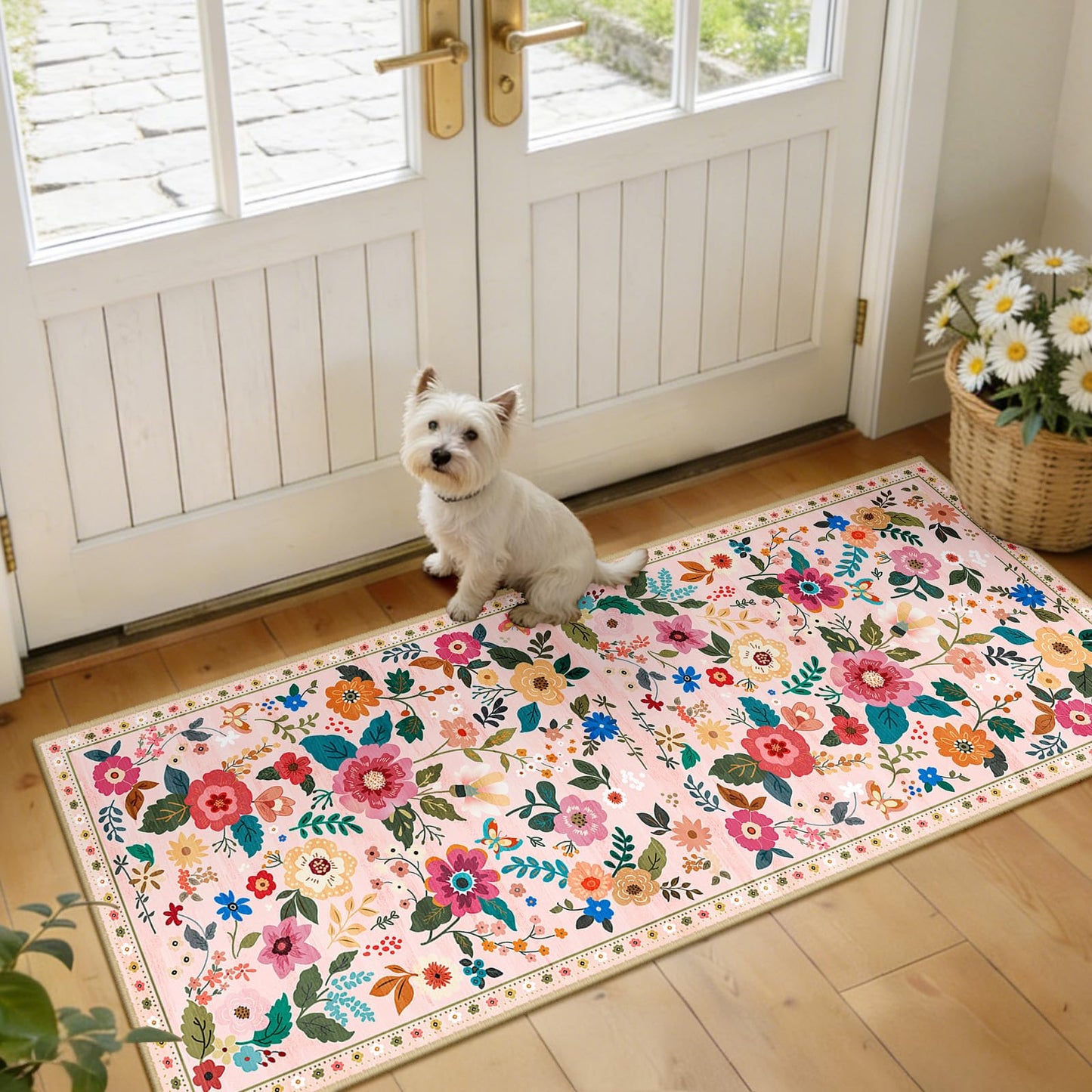 RELEANY Floral Washable 5x7 Area Rugs Beige/White/Orange | Flower Carpet, Print, Boho, Non-Slip, Easy to Clean, Soft, Low Pile for Living Room Bedroom Kitchen Office Entryway Hallway