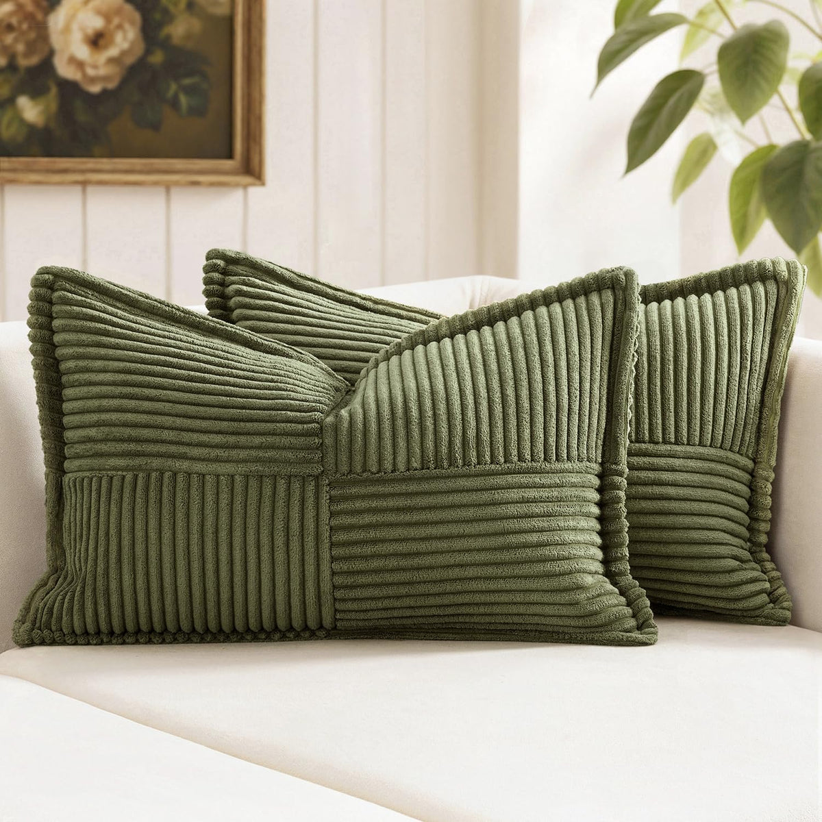 MIULEE Decorative Throw Pillow Covers for Couch 18x18 Inch Beige 2 Pack | Boho Broadside Striped Patchwork Pillow Covers, Soft Corduroy Cushion Cases, For Sofa Bed Livingroom Home Decor