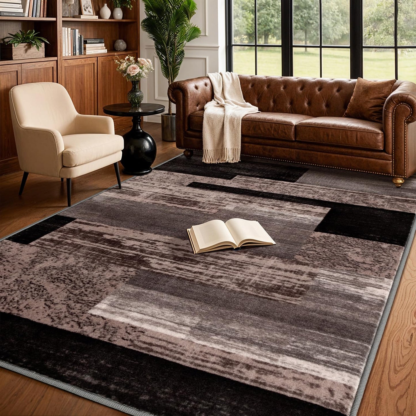 LIANLAM 8x10 Washable Area Rugs for Living Room & Bedroom(8x10,Black&Gray) | Non-Slip Large Carpet,Vintage Checkered Pattern, Stain Resistant Faux Wool Low Pile Soft Rug for Dining Room,Office,Nursery
