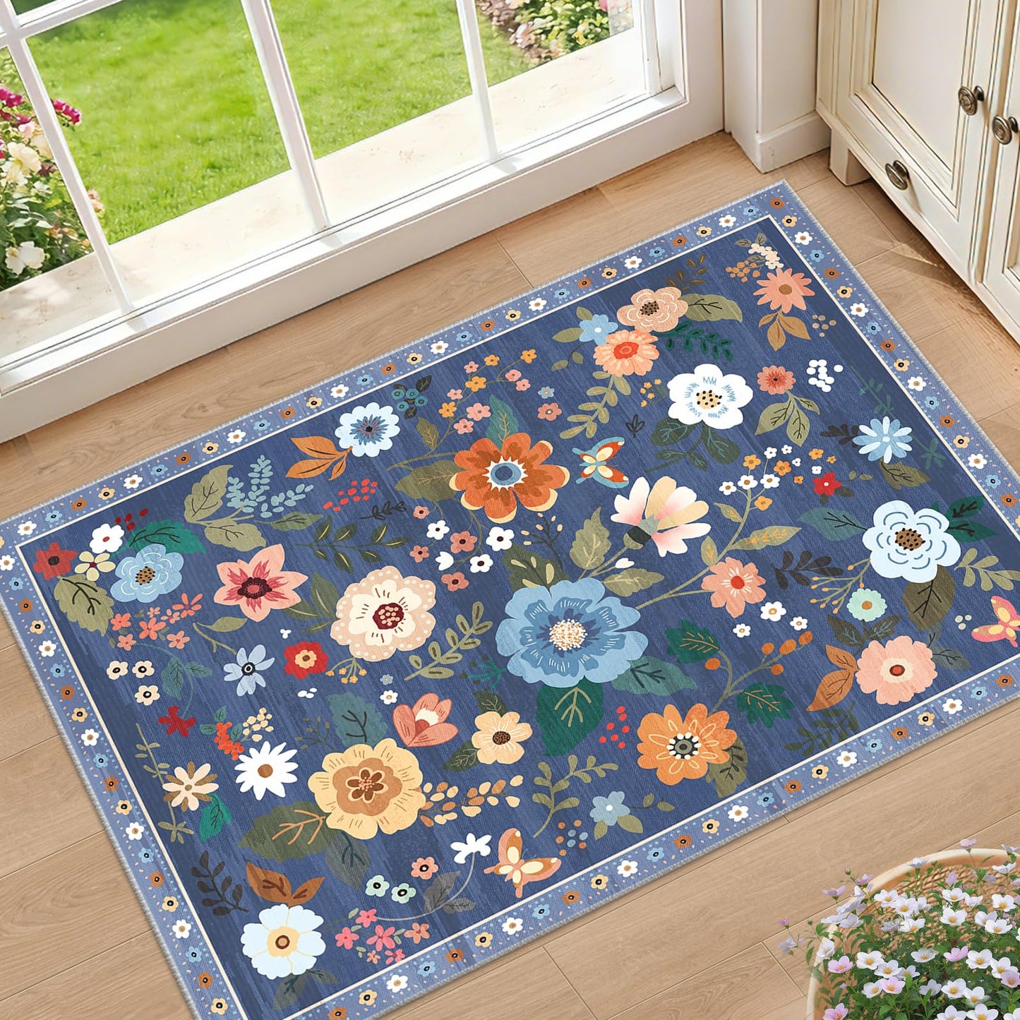 RELEANY Floral Washable 5x7 Area Rugs Beige/White/Orange | Flower Carpet, Print, Boho, Non-Slip, Easy to Clean, Soft, Low Pile for Living Room Bedroom Kitchen Office Entryway Hallway
