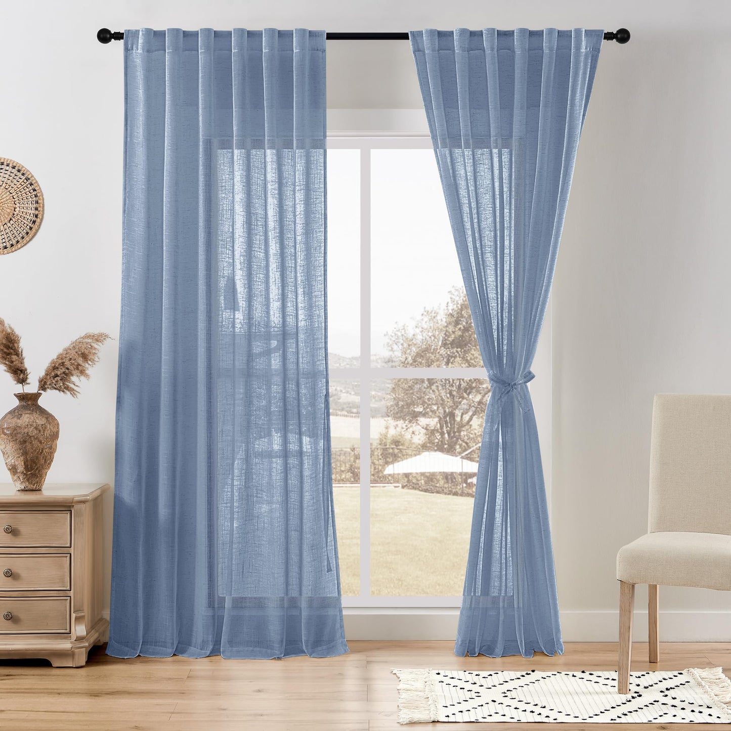 DWCN White Faux Linen Sheer Curtains, 2 Panels, 52x84 Inch | Faux Linen Textured Curtains with Rod Pocket & Back Tab, Semi Voile Light Airy Gauzy Privacy Drapes for Living Room Bedroom