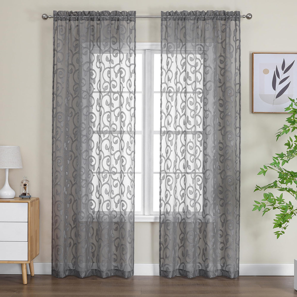 Furman Ivory Sheer Curtains 84 inches Long for Bedroom Living Room 2 Panels Set, Jacquard Clip Light Filtering Semi Sheer Curtain Rod Pocket Window Drapes, 2 Pcs Each 40 W 84 L