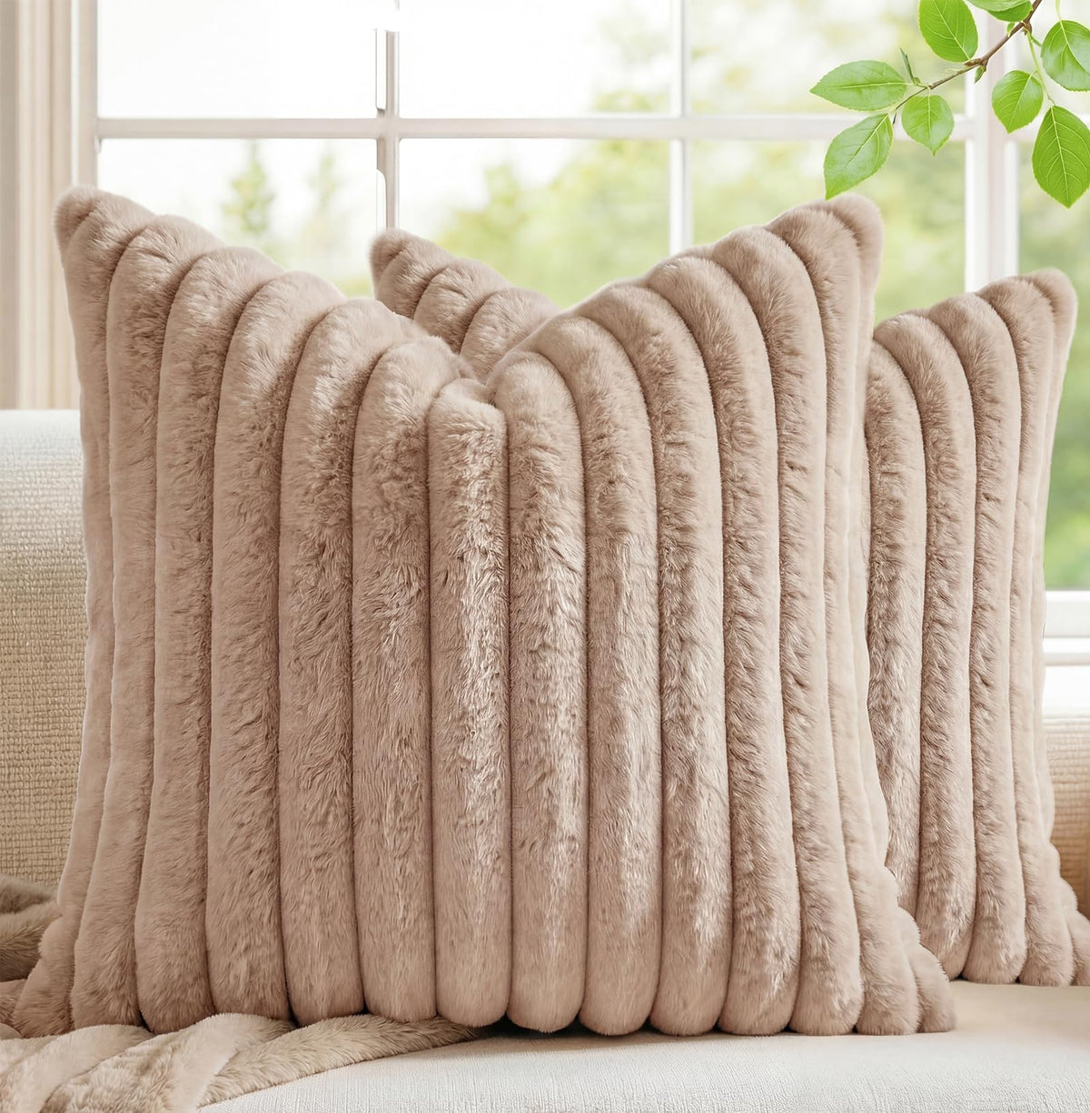 Pack of 2 Throw Pillow Covers 18x18 Decorative Solid Plush Faux Fur with Soft Velvet Back, Square Striped Cushion Cases Modern Farmhouse Home Decor for Living Room Couch Sofa Bed Cream White