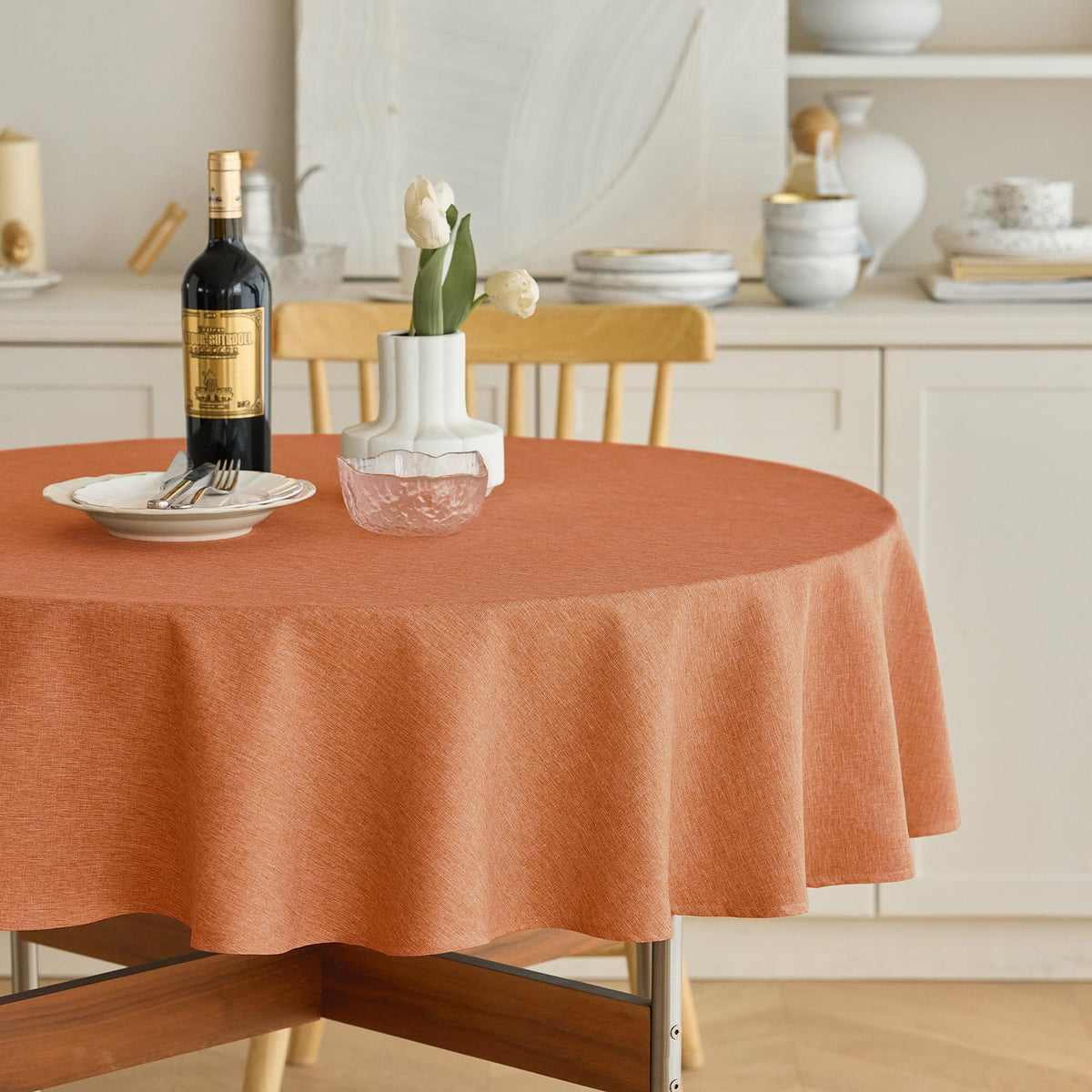 Decorelia Faux Linen Round Tablecloths 60 inch, Waterproof Decorative Washable Texture Rustic Circle Table Cloth Cover for Dining Kitchen Party Farmhouse Outdoor(Round (2-4 Seats),Sage Green)