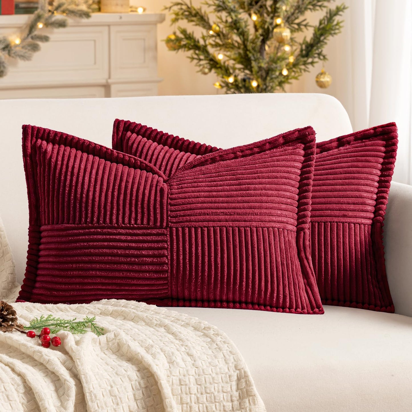 MIULEE Decorative Throw Pillow Covers for Couch 18x18 Inch Beige 2 Pack | Boho Broadside Striped Patchwork Pillow Covers, Soft Corduroy Cushion Cases, For Sofa Bed Livingroom Home Decor