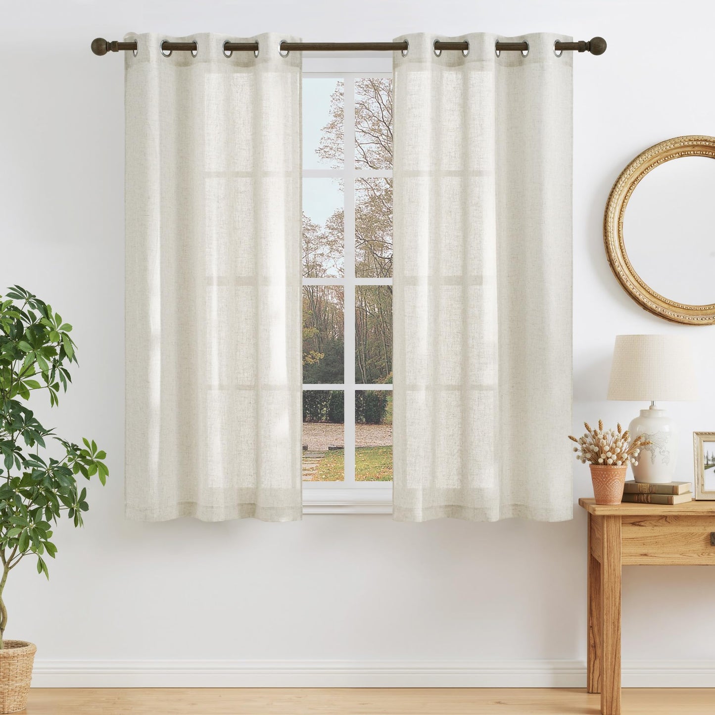 NICETOWN White Sheer Linen Curtains for Living Room 84 inch Length 2 Panels Set, Grommet Semi Sheer Privacy with Light Filtering Flax Window Treatments for Bedroom, W52 x L84