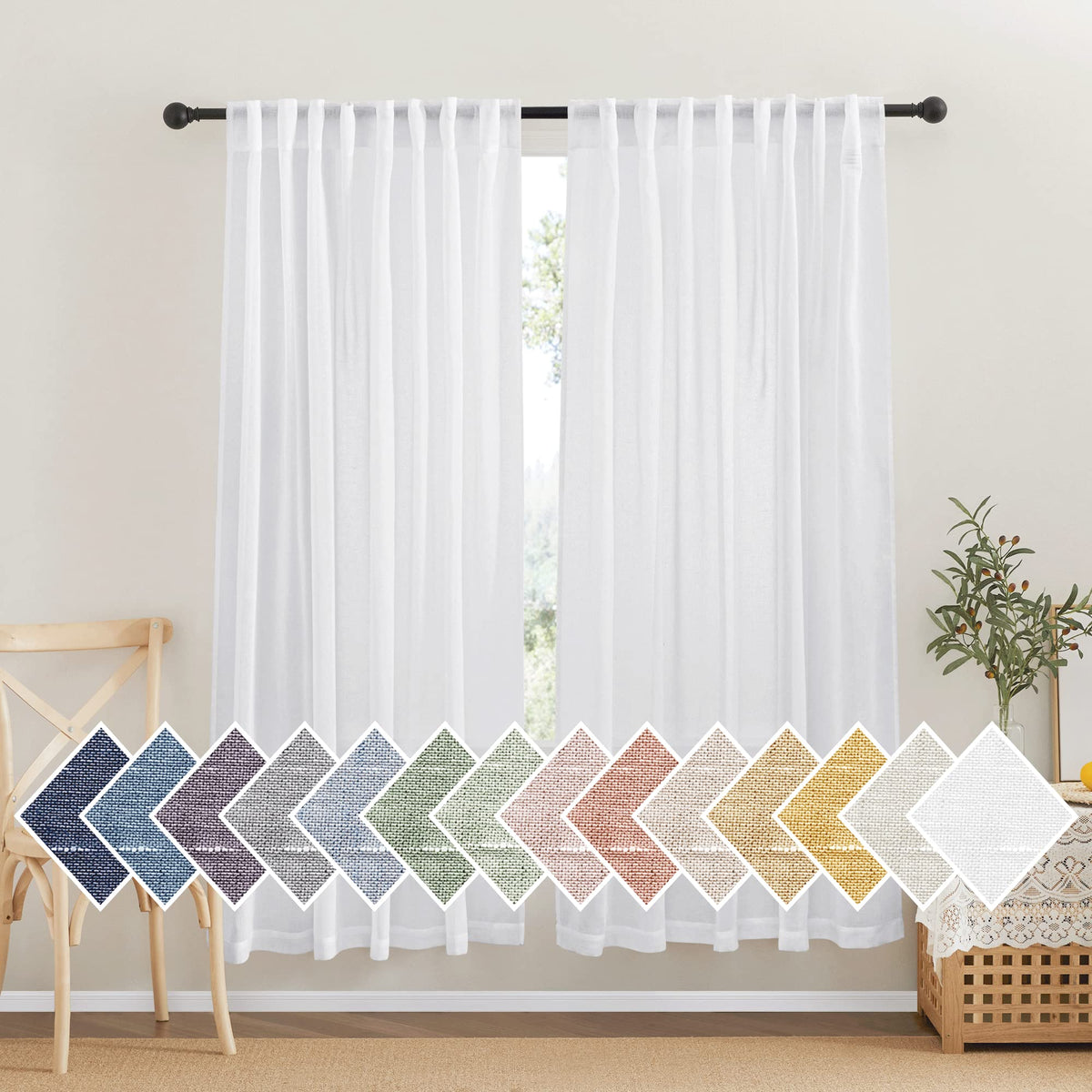 NICETOWN Semi Sheer White Curtains 84 inch Long, Rod Pocket & Back Tab Sheer Linen Curtains & Drapes Balance Privacy & Light Panels for Bedroom/Living Room, W52 x L84, 2 Panels