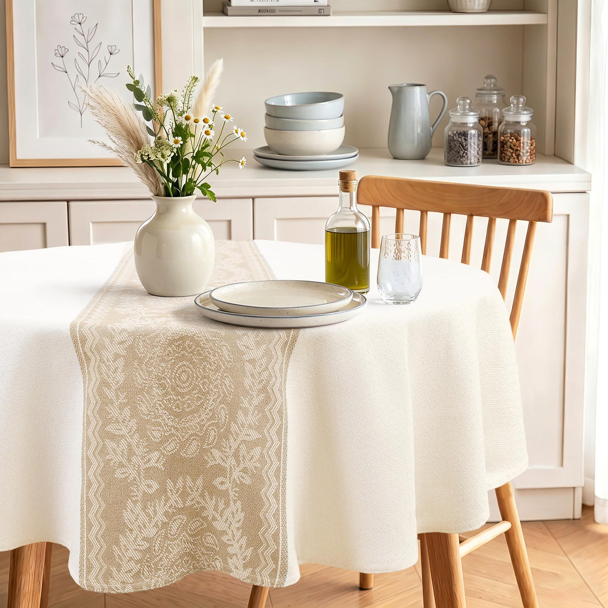 JIUZHEN Rectangle Table Cloth Faux Linen Farmhouse Tablecloth, Wrinkle and Stain Resistant Decorative Fabric Rectangular Spring Table Cover for Dining/Party/Birthday/Wedding, Beige, 54 x 80 Inch