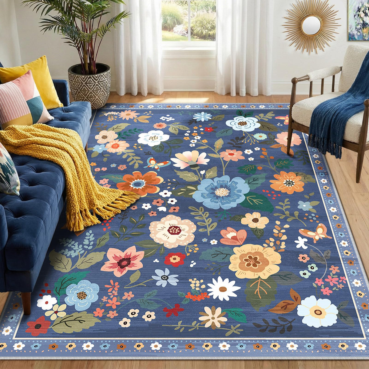 RELEANY Floral Washable 5x7 Area Rugs Beige/White/Orange | Flower Carpet, Print, Boho, Non-Slip, Easy to Clean, Soft, Low Pile for Living Room Bedroom Kitchen Office Entryway Hallway