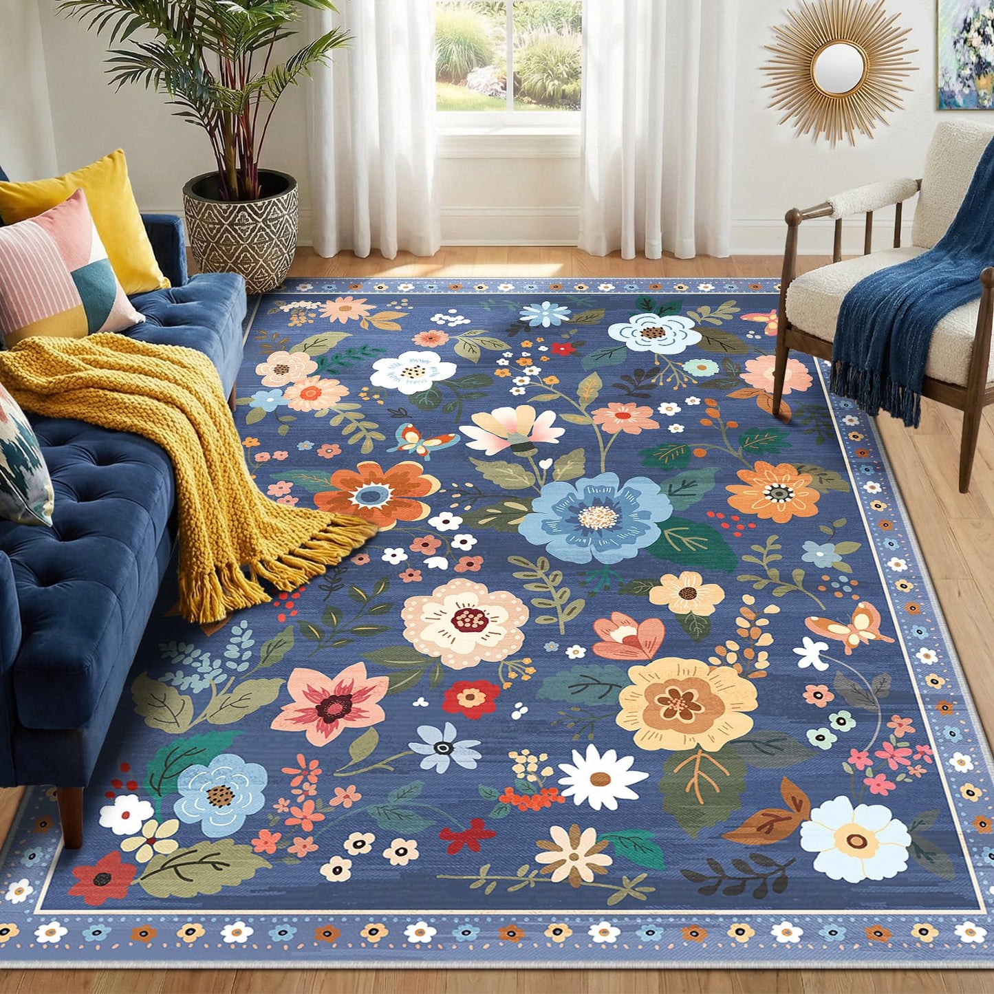 RELEANY Floral Washable 5x7 Area Rugs Black | Flower Carpet, Print, Boho, Non-Slip, Easy to Clean, Soft, Low Pile for Living Room Bedroom Kitchen Office Entryway Hallway
