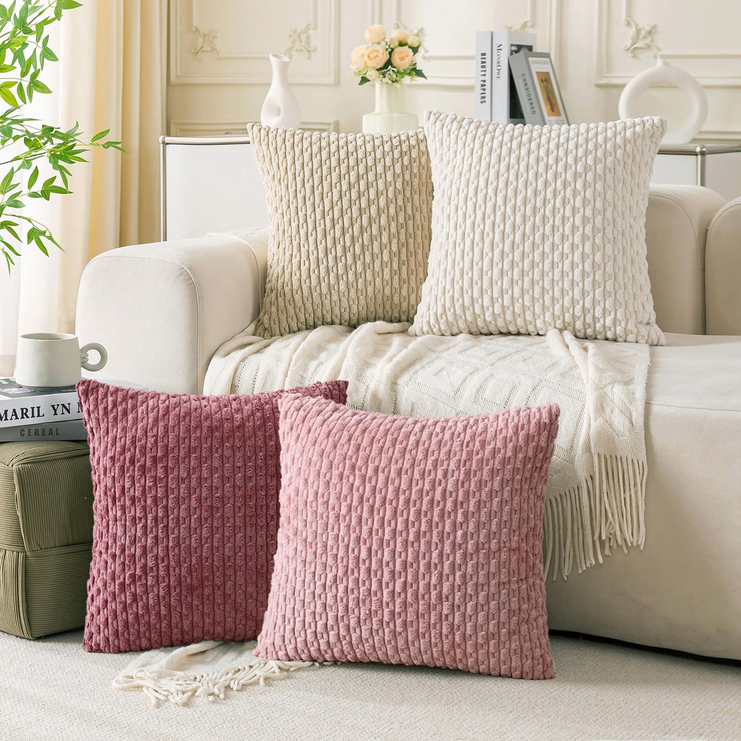 Set of 4 Neutral Decorative Throw Pillow Covers 18x18 Inch Corduroy Pillow Covers for Bed Couch Sofa Living Room Soft Square Cushion Cases