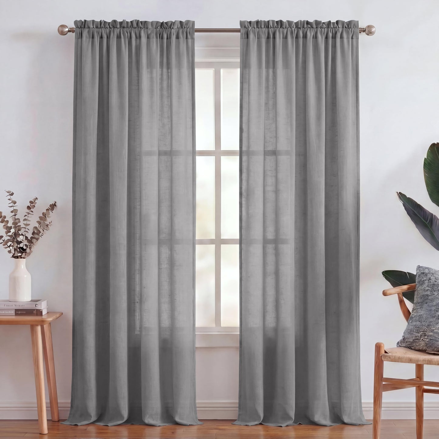 Turquoize White Linen Curtains 96 Inches Long Semi Sheer Curtains Light Filtering Linen Drapes for Living Room/Bedroom 2 Panels Set Rod Pocket Window Treatments Panels,W52 x L96, White