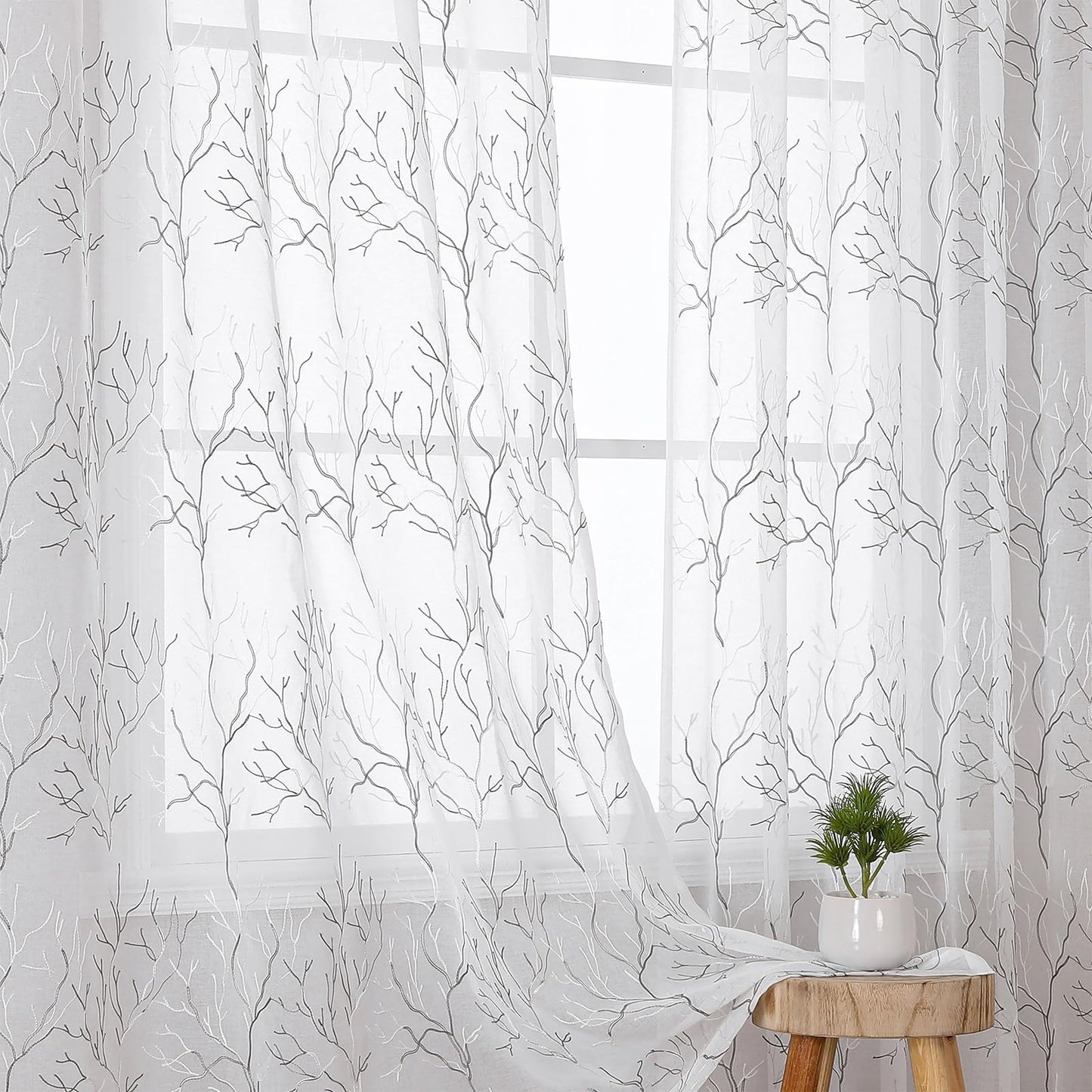 Sheer Curtains Boho Leaf Floral Embroidered Cream Beige 54Wx84L | Light Filtering Semi Sheer Voile Curtains With Design, Rod Pocket Window Drapes for Bedroom Living Room 2 Panels