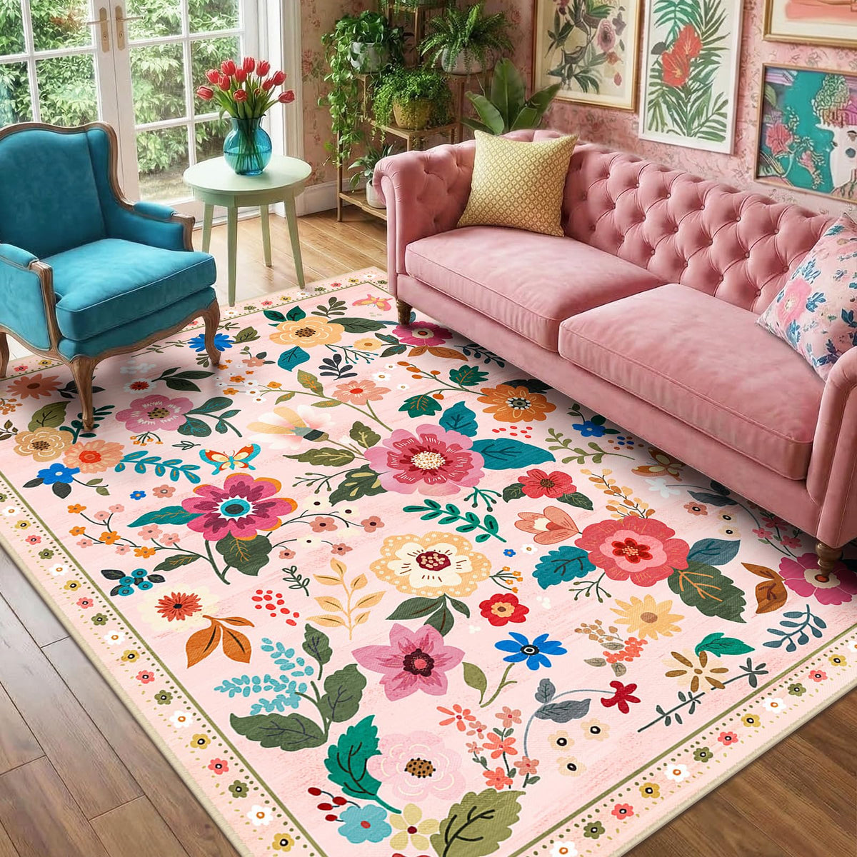 RELEANY Floral Washable 5x7 Area Rugs Black | Flower Carpet, Print, Boho, Non-Slip, Easy to Clean, Soft, Low Pile for Living Room Bedroom Kitchen Office Entryway Hallway
