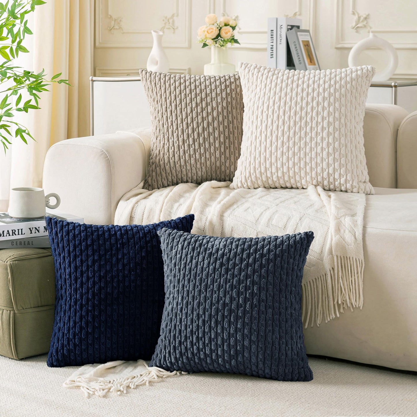 Set of 4 Neutral Decorative Throw Pillow Covers 18x18 Inch Corduroy Pillow Covers for Bed Couch Sofa Living Room Soft Square Cushion Cases
