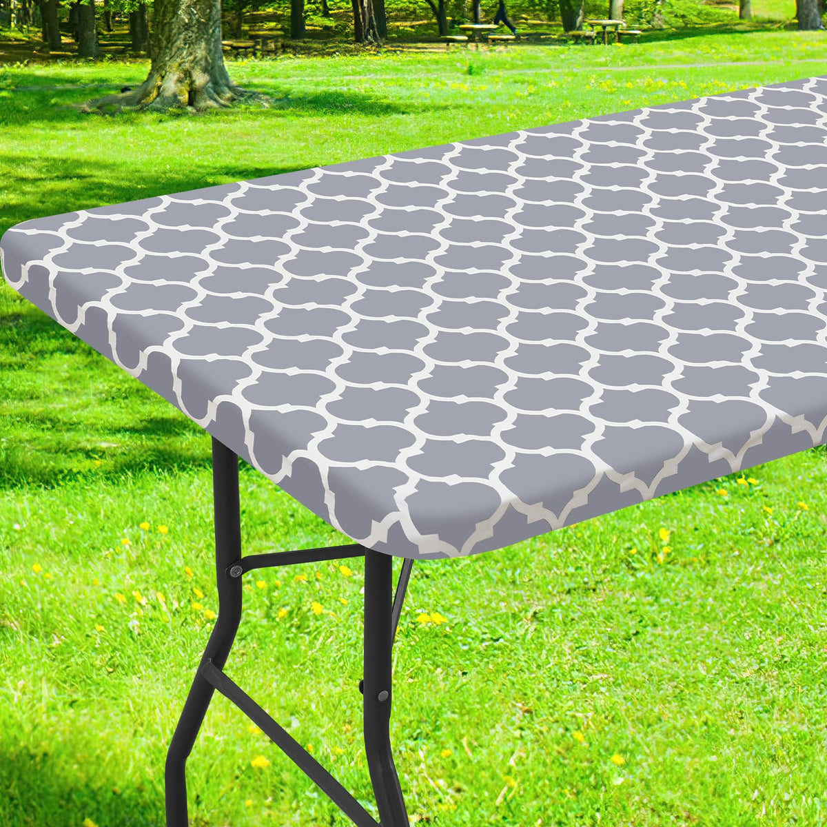 Smiry Picnic Fitted Table Cover, 6 Foot Flannel Backed Vinyl Tablecloth | Waterproof Elastic Stretch Table Cloth, Wipeable Plastic Tablecloth for Camping, Indoor & Outdoor (Grey, 30" x 72")