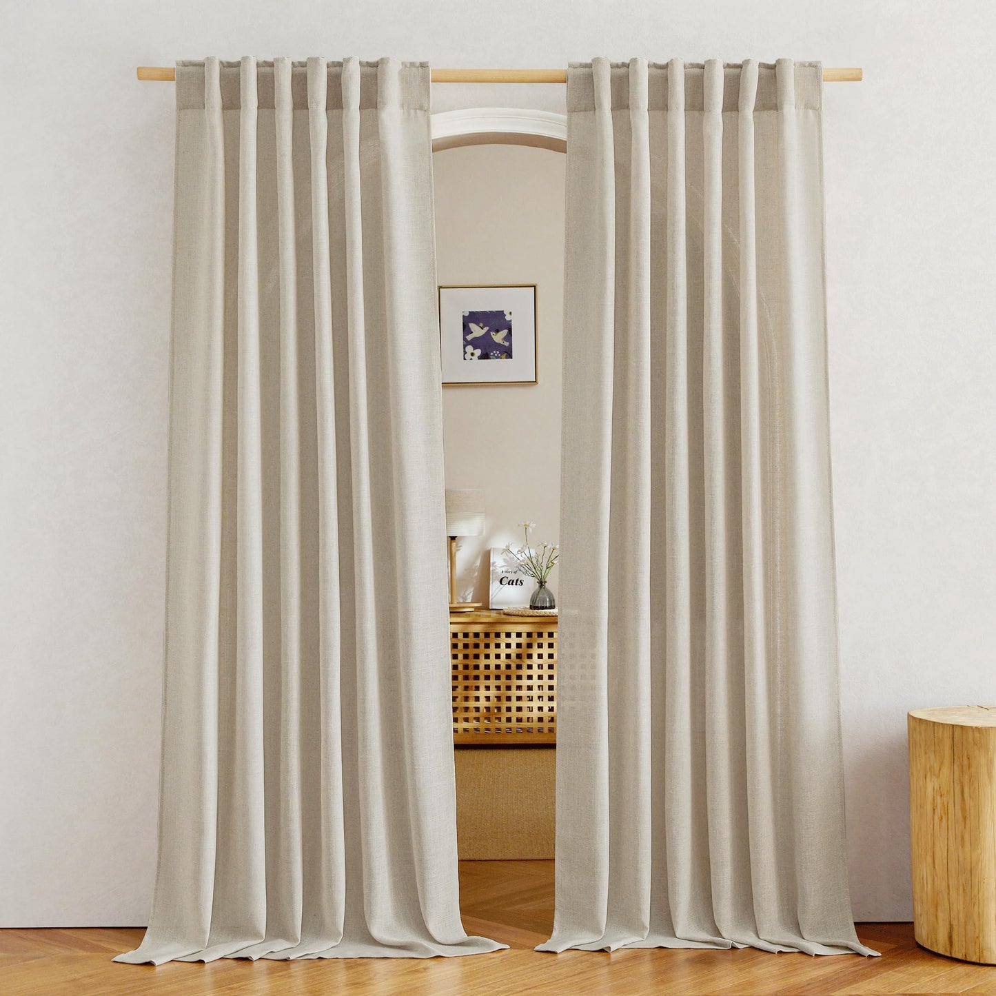 NICETOWN White Linen Sheer Curtains and Drapes 84 inches Long, Rod Pocket & Back Tab semitransparent with Light Through Vertical Window Treatments for Sliding Glass Door & Living Room, 52"W, Set of 2