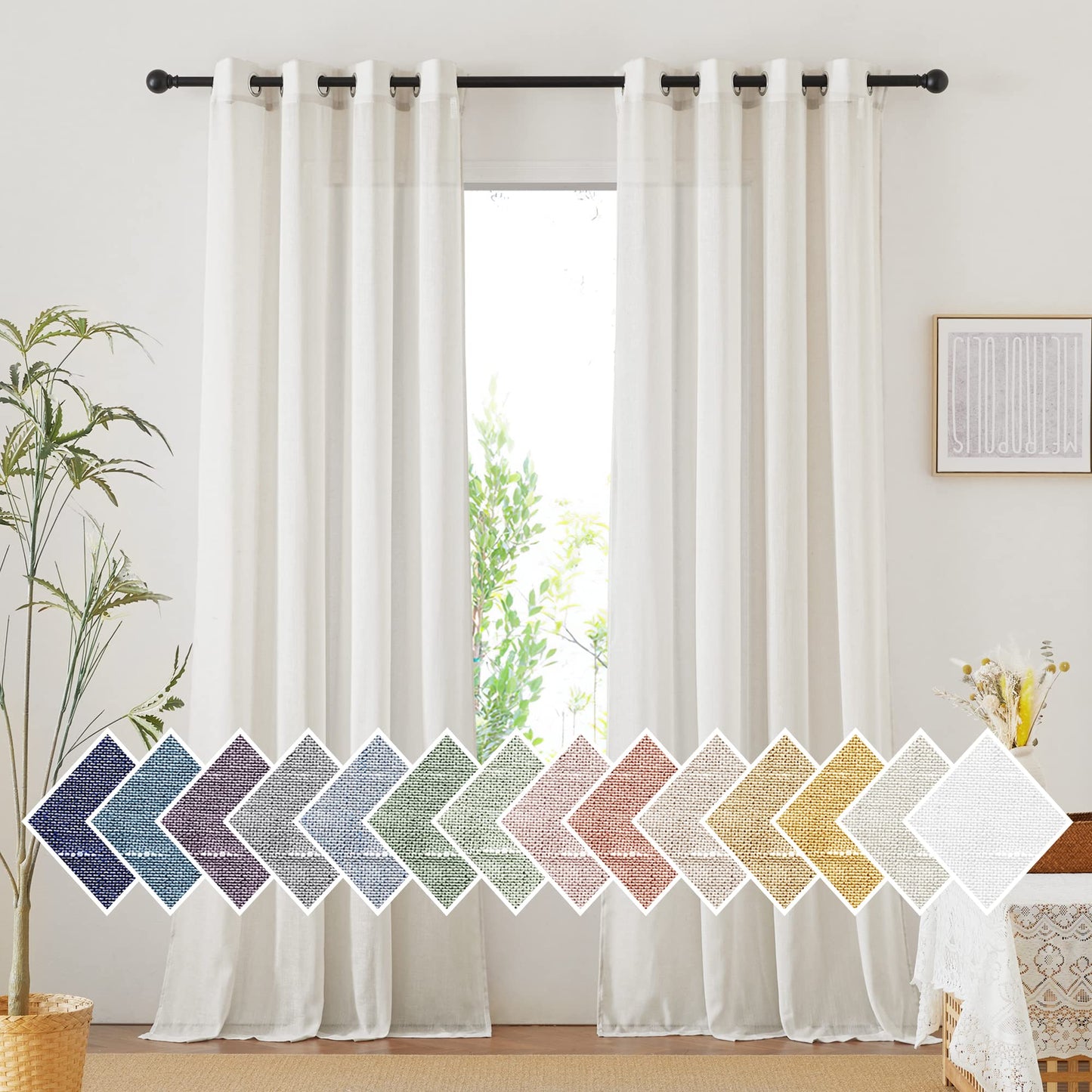 NICETOWN White Sheer Linen Curtains for Living Room 84 inch Length 2 Panels Set, Grommet Semi Sheer Privacy with Light Filtering Flax Window Treatments for Bedroom, W52 x L84