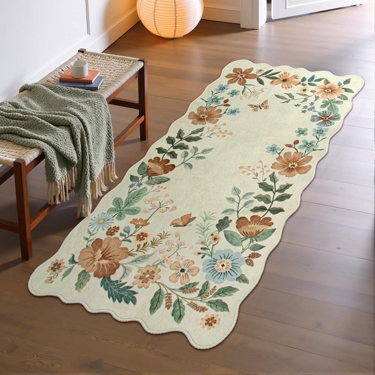 Lahome Floral Washable Living Room Rug, 5x7 Area Rugs for Bedroom Soft | Dining Room Rug Ultra-Thin Non Slip Stain Resistant Boho Low-Pile Throw Carpet for Office Flore (5x7ft, Beige)