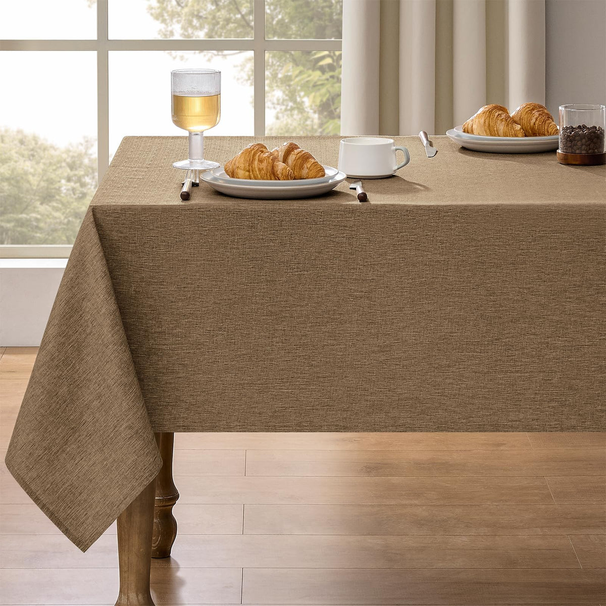 Decorelia Faux Linen Round Tablecloths 60 inch, Waterproof Decorative Washable Texture Rustic Circle Table Cloth Cover for Dining Kitchen Party Farmhouse Outdoor(Round (2-4 Seats),Sage Green)
