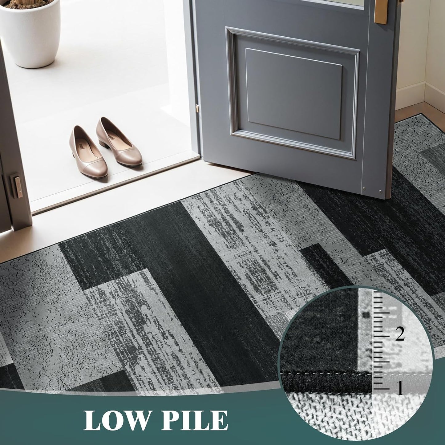 LIANLAM 8x10 Washable Area Rugs for Living Room & Bedroom(8x10,Black&Gray) | Non-Slip Large Carpet,Vintage Checkered Pattern, Stain Resistant Faux Wool Low Pile Soft Rug for Dining Room,Office,Nursery