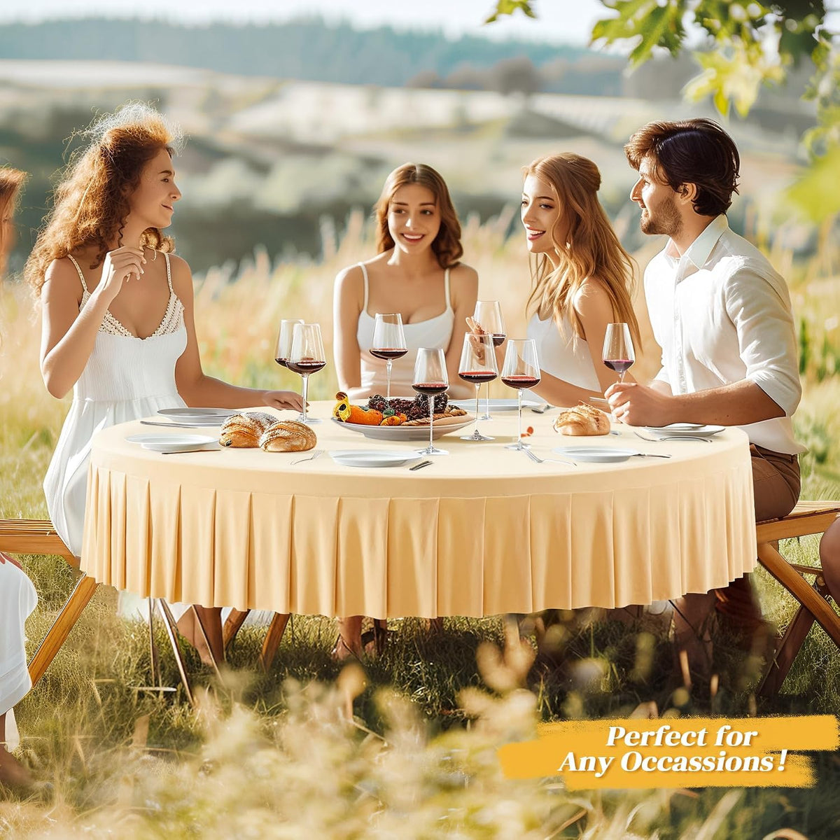 8 Pack Champagne Spandex Round Tablecloths for 72in Table, Stretchy Fitted 6FT Round Table Cloths, Wrinkle Free Table Cover with Skirt for Wedding Birthday Party Bridal Shower Banquet