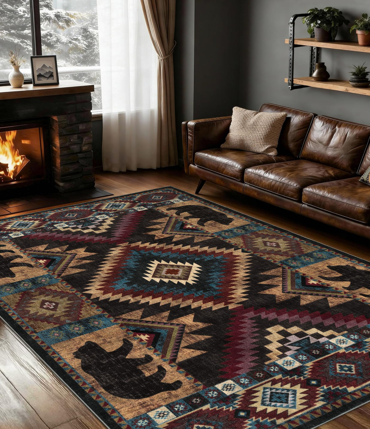 Rustic Cabin Area Rug 5x7,Machine Washable Lodge Bear Rug,Non-Slip Low Pile Print Pattern Southwestern Rug for Living Room Bedroom