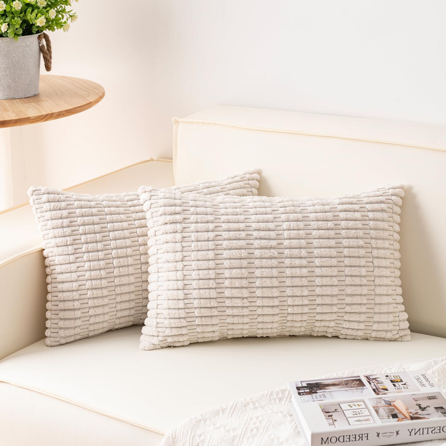 Pack of 2 Corduroy Decorative Throw Pillow Covers 18x18 Inch, Cream White | Fall Soft Striped Pillow Covers Modern Farmhouse Home Decor Christmas Throw Pillow Covers for Sofa Living Room Couch Bed ﻿