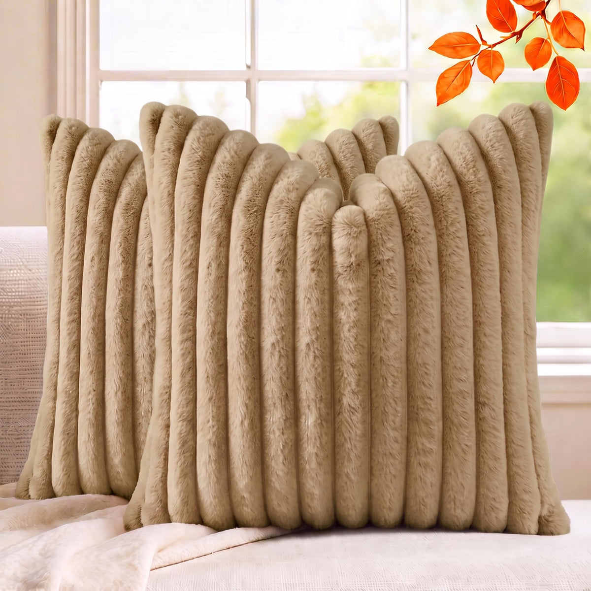 Pack of 2 Throw Pillow Covers 18x18 Decorative Solid Plush Faux Fur with Soft Velvet Back, Square Striped Cushion Cases Modern Farmhouse Home Decor for Living Room Couch Sofa Bed Cream White