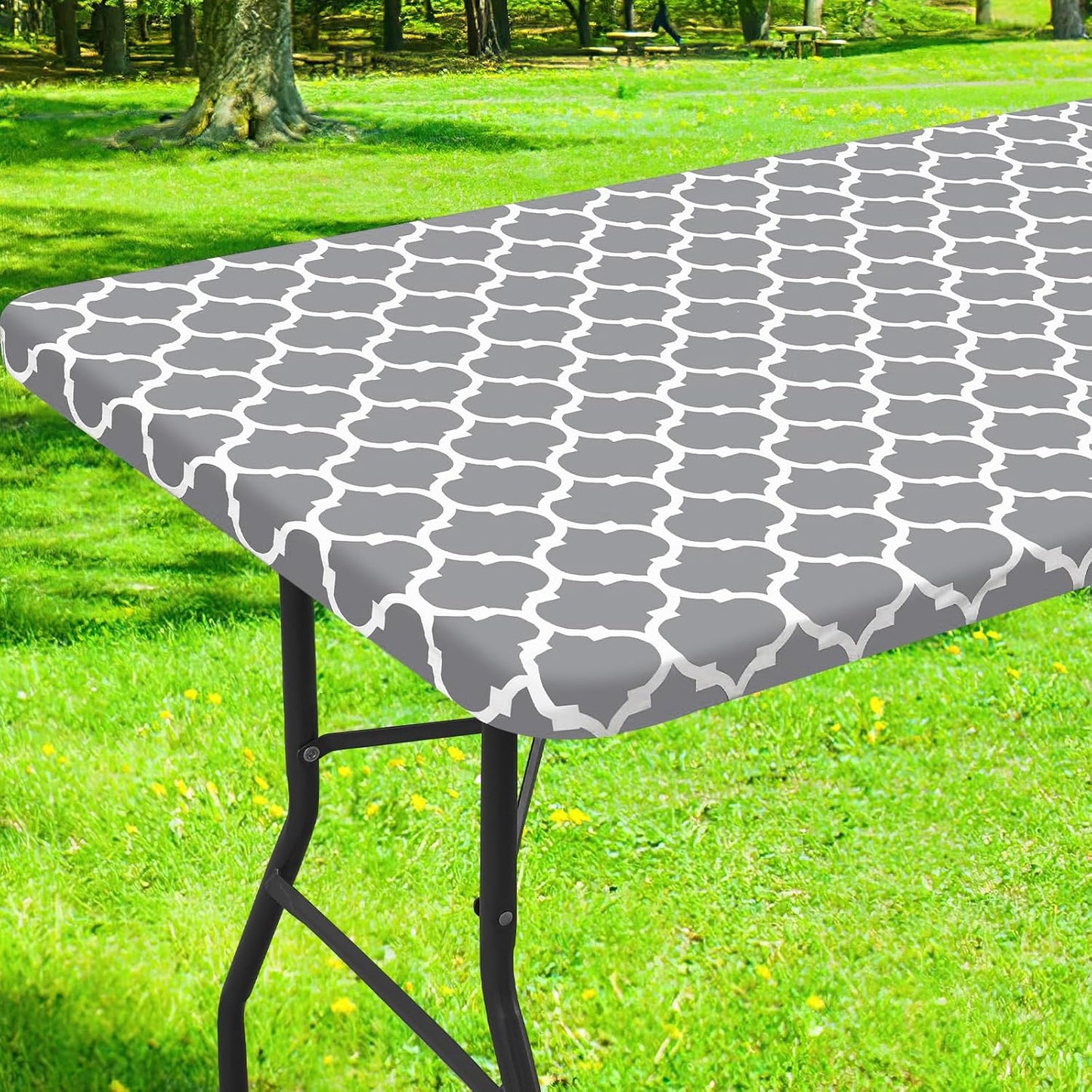Smiry Picnic Fitted Table Cover, 6 Foot Flannel Backed Vinyl Tablecloth | Waterproof Elastic Stretch Table Cloth, Wipeable Plastic Tablecloth for Camping, Indoor & Outdoor (Grey, 30" x 72")