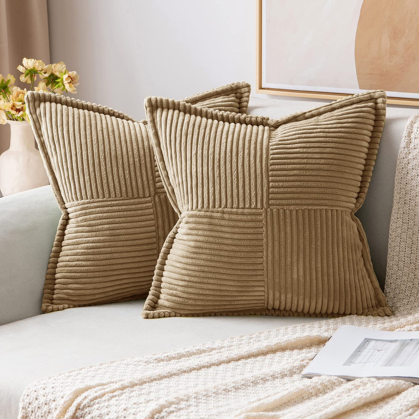 MIULEE Decorative Throw Pillow Covers for Couch 18x18 Inch Beige 2 Pack | Boho Broadside Striped Patchwork Pillow Covers, Soft Corduroy Cushion Cases, For Sofa Bed Livingroom Home Decor