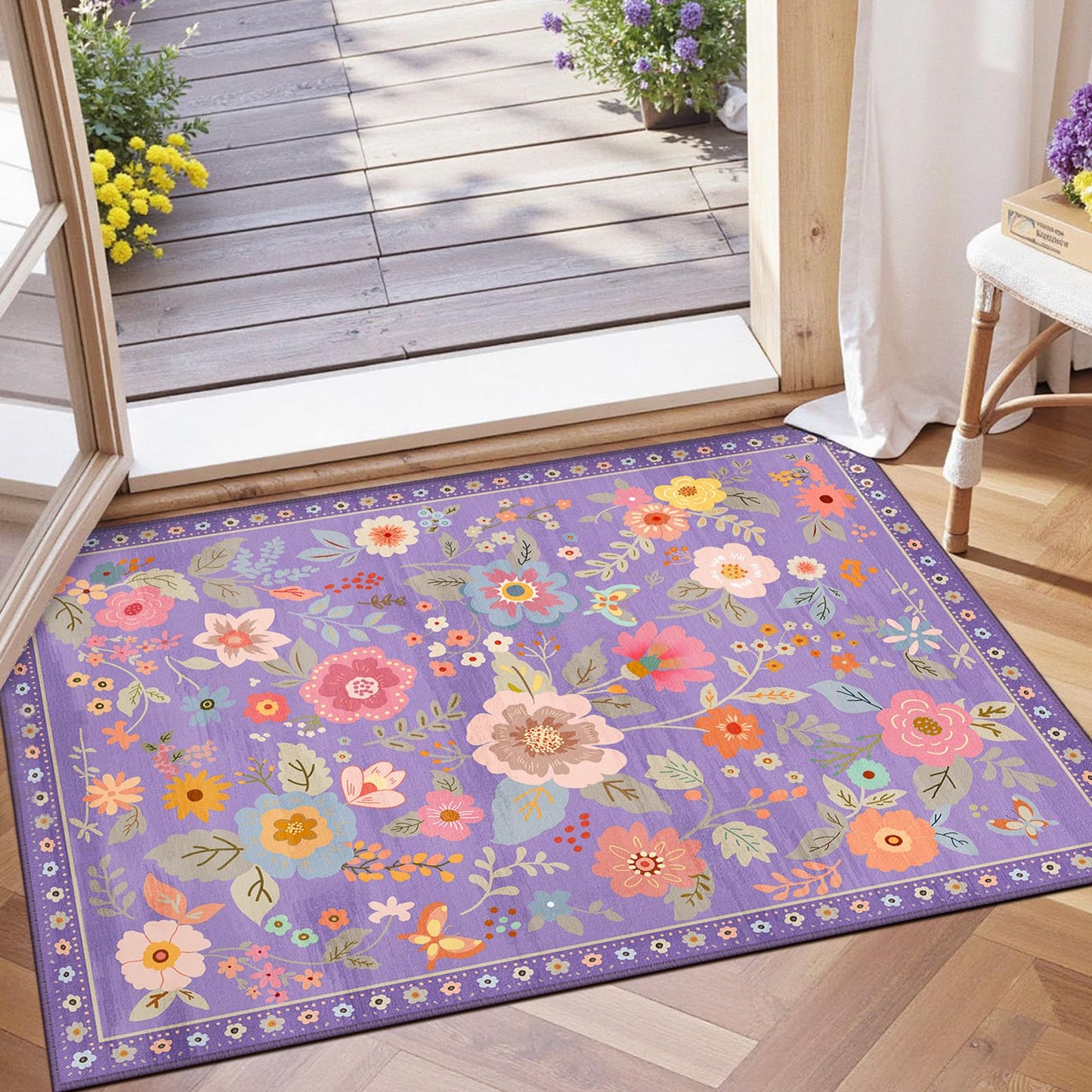 RELEANY Floral Washable 5x7 Area Rugs Black | Flower Carpet, Print, Boho, Non-Slip, Easy to Clean, Soft, Low Pile for Living Room Bedroom Kitchen Office Entryway Hallway