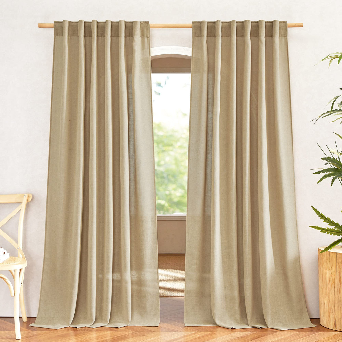 NICETOWN Flax Linen Curtains 84 inch Long, Rod Pocket & Back Tab Semi Sheer Vertical Drapes Privacy Added with Light Filtering for Bedroom/Living Room, Burlap, W52 x L84, 2 Pieces