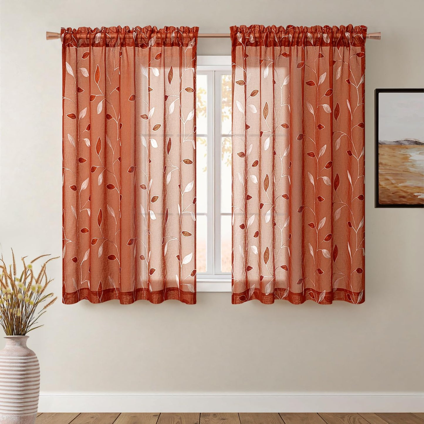 MIULEE Sage Green Sheer Curtains 2 Panels Leaf Patterned, W52 x L84 | Embroidered Floral Semi Sheer,Rod Pocket,Faux Linen,Short Window Curtains Drapes Set for Kitchen/Bathroom/Cafe
