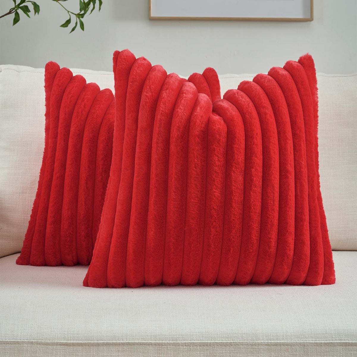 FUTEI Pack of 2 Faux Fur Throw Pillow Covers 18x18 Inch, Cream White | Fluffy Faux Rabbit Fur Front/Premium Velvet Back,Hidden Zipper,Machine Washable,Non-Shedding,Colorfast,Insert Not Included.
