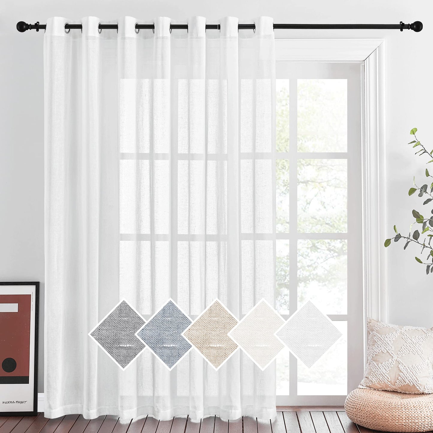 NICETOWN White Sheer Linen Curtains for Living Room 84 inch Length 2 Panels Set, Grommet Semi Sheer Privacy with Light Filtering Flax Window Treatments for Bedroom, W52 x L84