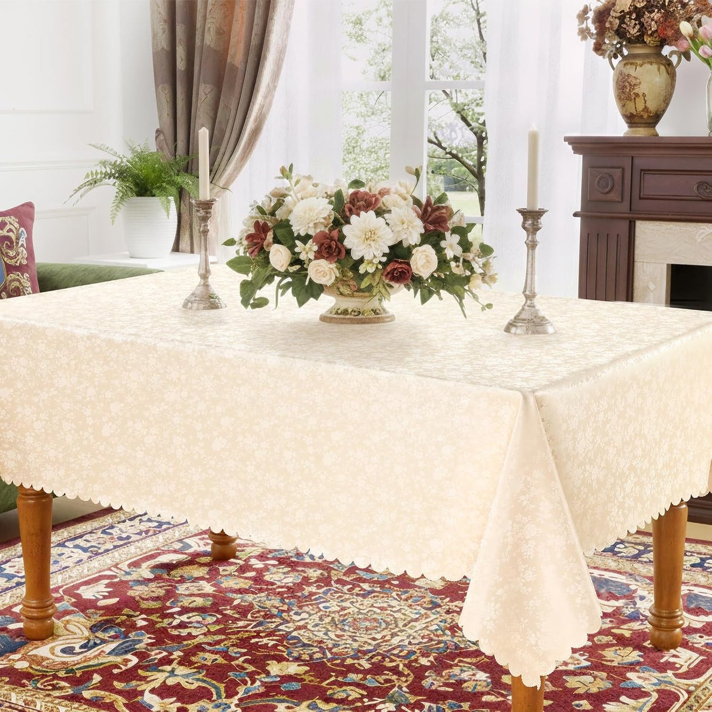 Smiry Rectangle Waterproof Heavy Duty Vinyl Tablecloths, 60 x 84 Inch | Wipeable Washable Floral Embossed Table Cover for Kitchen and Dining Room, Indoor & Outdoor Use, Beige