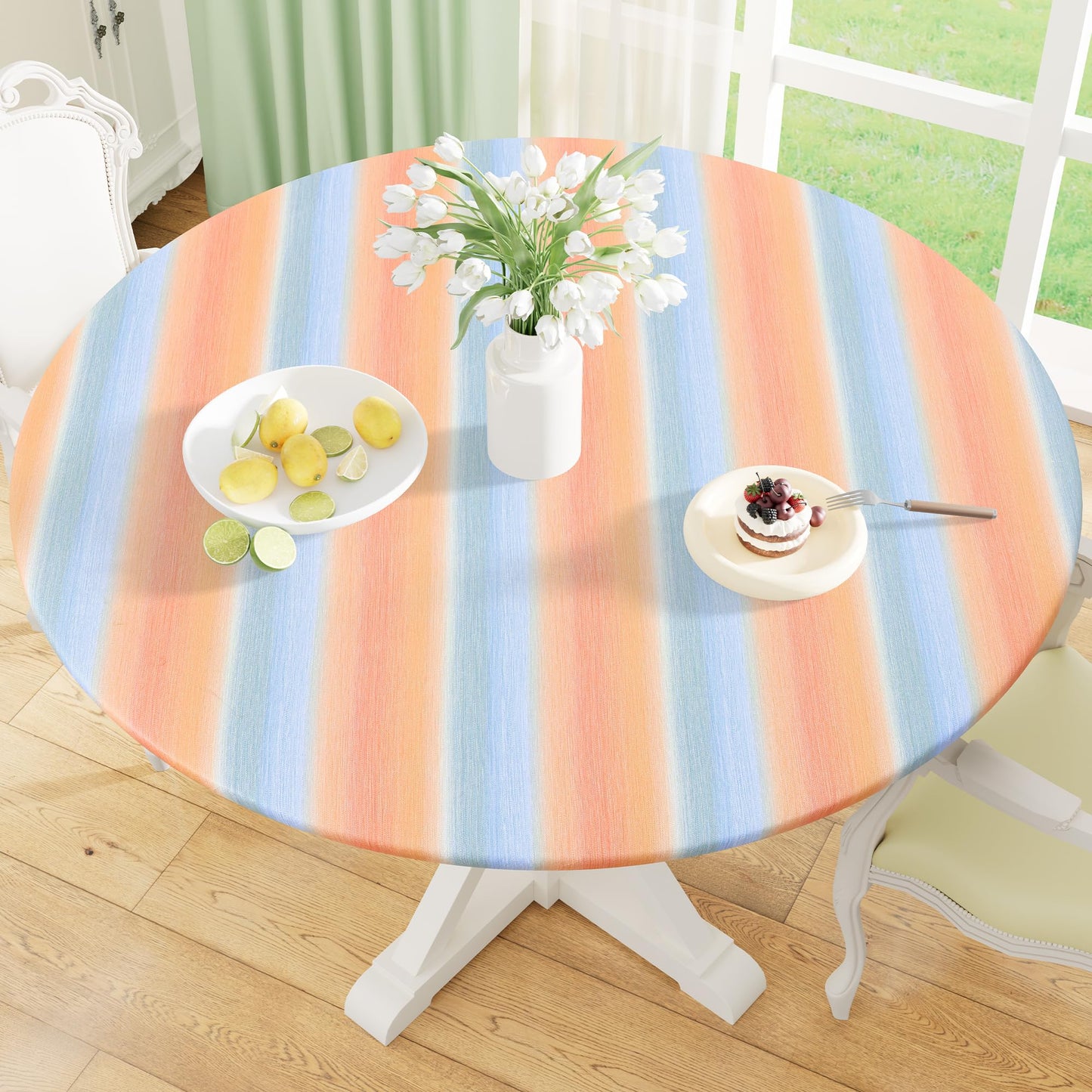 Round Fitted Tablecloth with Elastic Edge, 100% Waterproof Oil Proof Plastic Table Cover, Vinyl Flannel Backed Tablecloth Fits 36"-44" Round Tables for Dinner, Outdoor, Picnic, Oak Wooden Grain