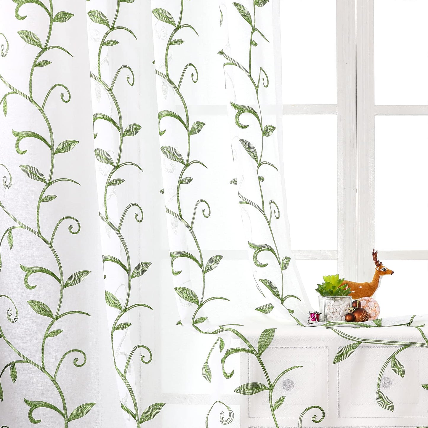 Sheer Curtains Boho Leaf Floral Embroidered Cream Beige 54Wx84L | Light Filtering Semi Sheer Voile Curtains With Design, Rod Pocket Window Drapes for Bedroom Living Room 2 Panels