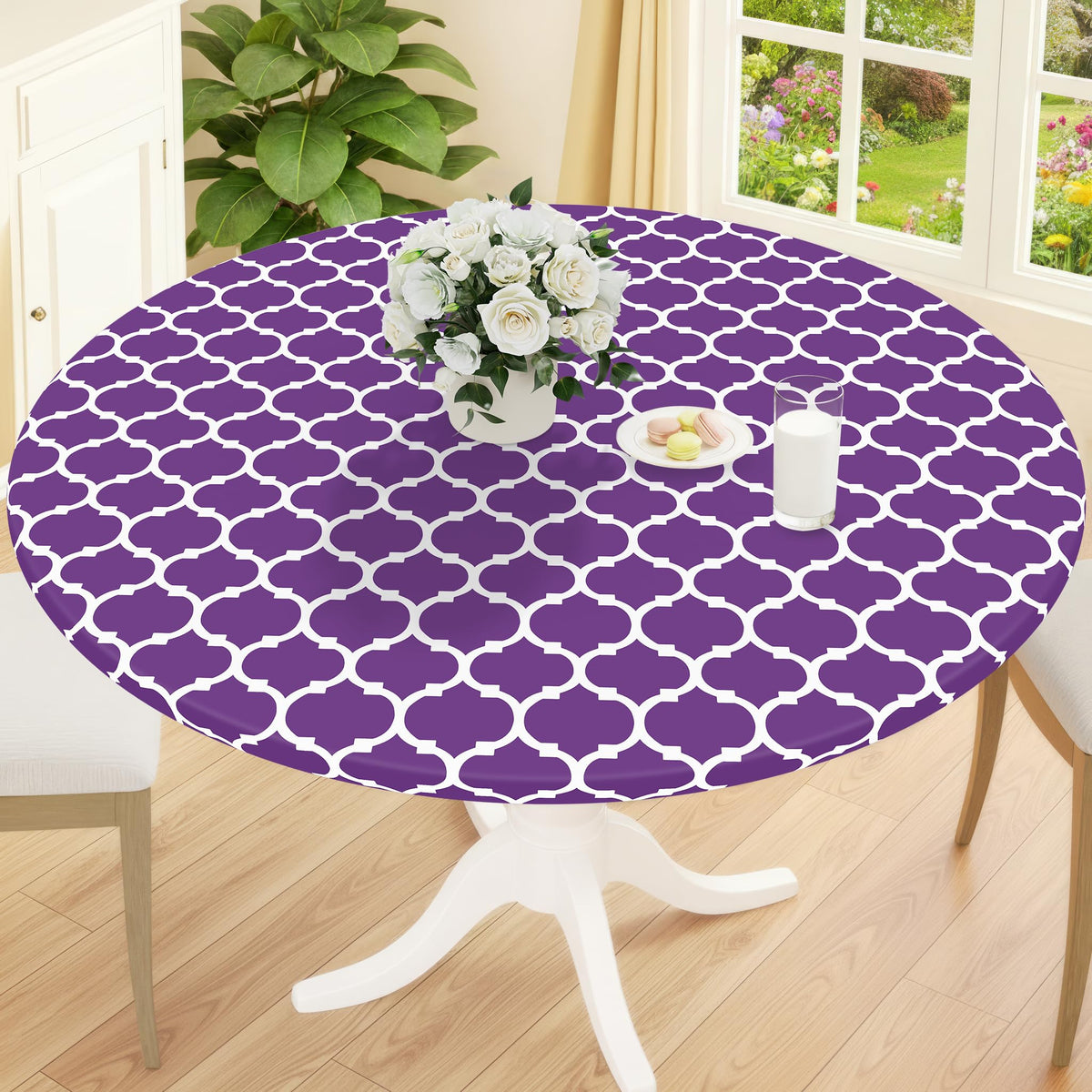 Smiry Round Picnic Tablecloth, Waterproof Elastic Fitted Table Covers for 45" - 56" Tables, Wipeable Flannel Backed Vinyl Tablecloths for Camping, Indoor, Outdoor, Grey & White