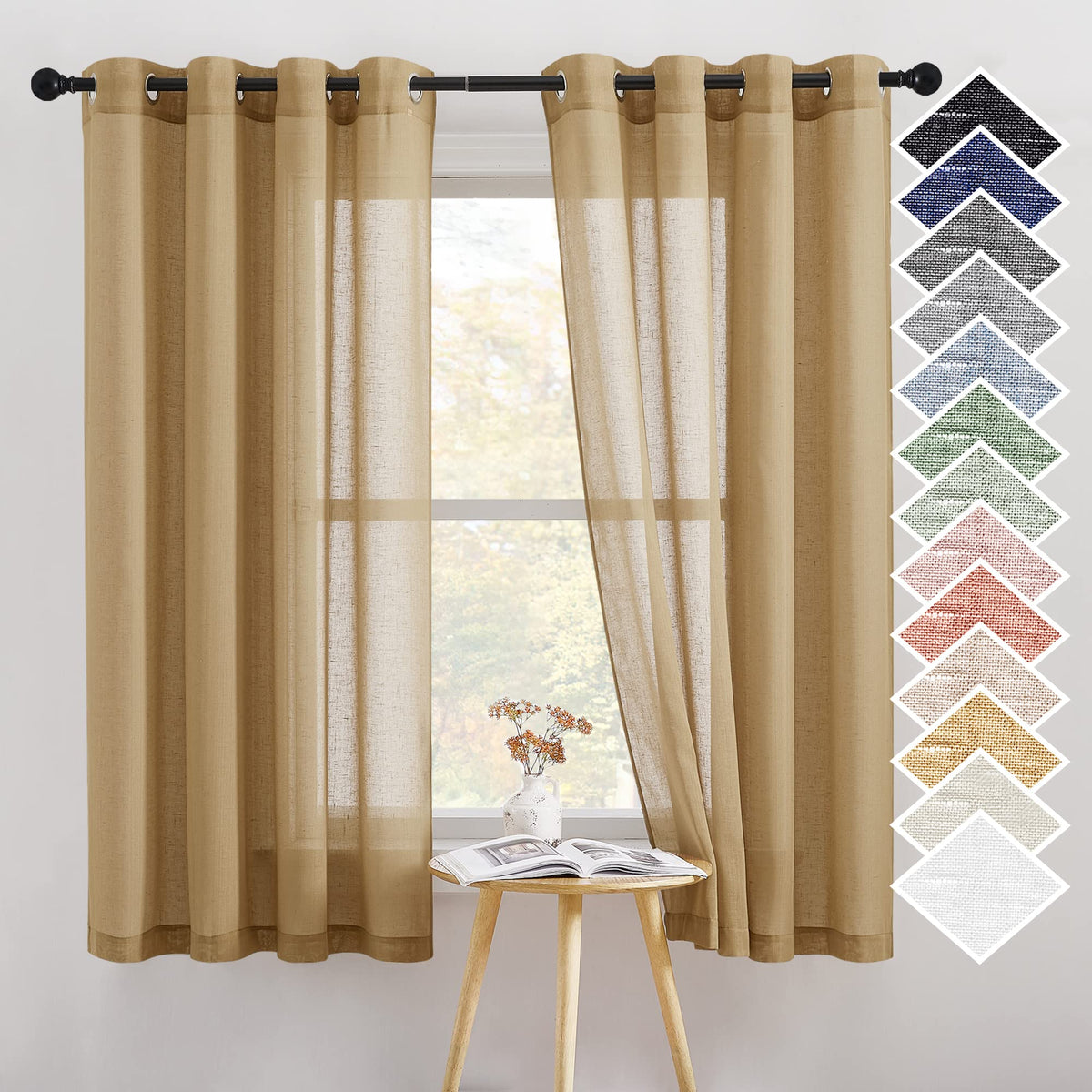 NICETOWN White Sheer Linen Curtains for Living Room 84 inch Length 2 Panels Set, Grommet Semi Sheer Privacy with Light Filtering Flax Window Treatments for Bedroom, W52 x L84