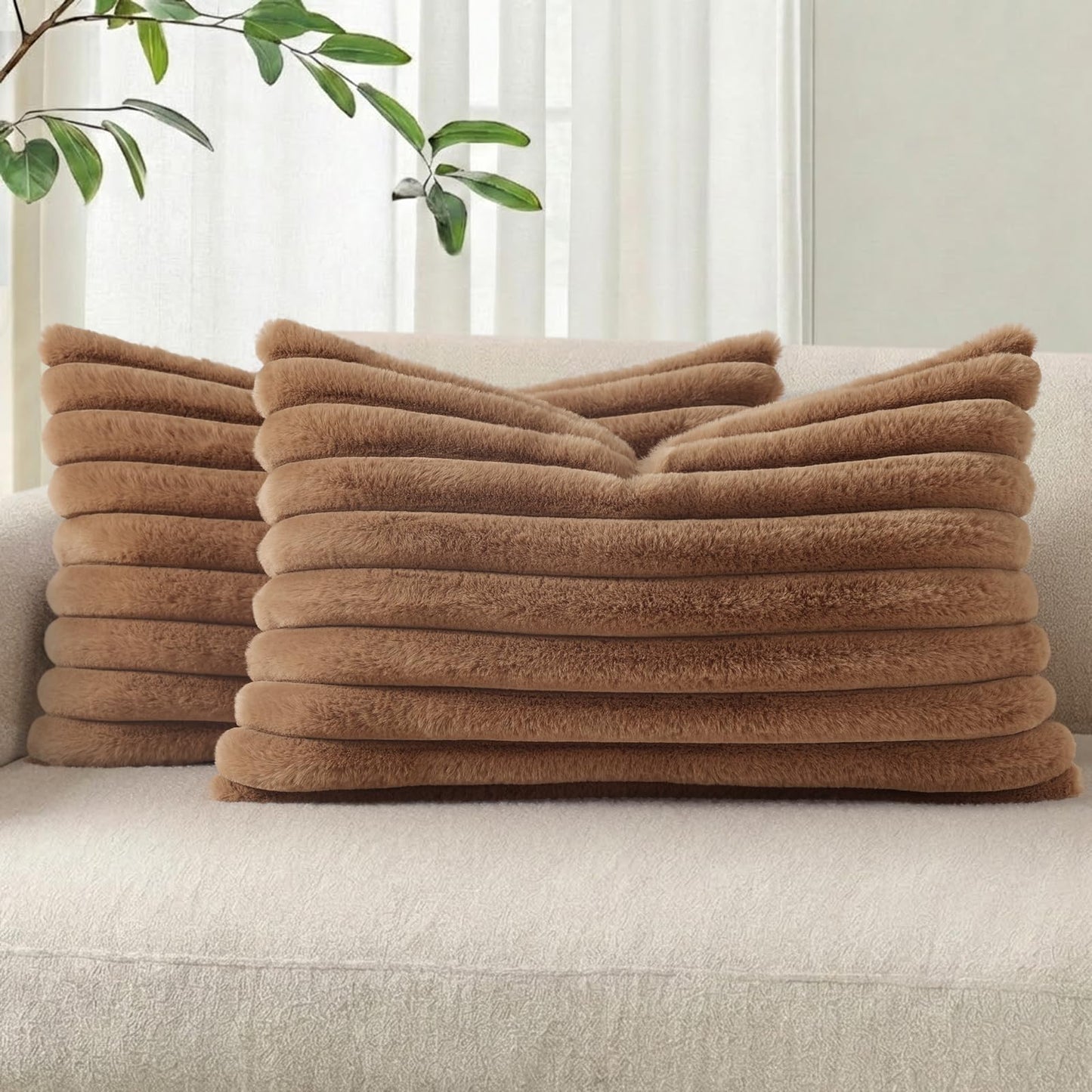 Pallene Faux Fur Decorative Throw Pillow Covers 18x18 Set of 2, Cream White | Luxury Plush Texture, Striped Design, Cozy Soft Touch, Modern Home Accent Decor for Couch, Sofa, Bed, Living Room